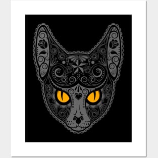 Decorated Dark Sugar Skull Cat Posters and Art